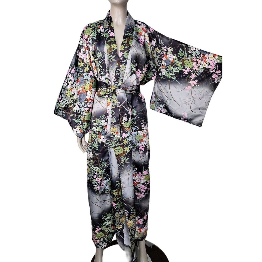 Vintage Silky Satin Black Garden Floral Belted Boho Kaftan Kimono Robe OSFM